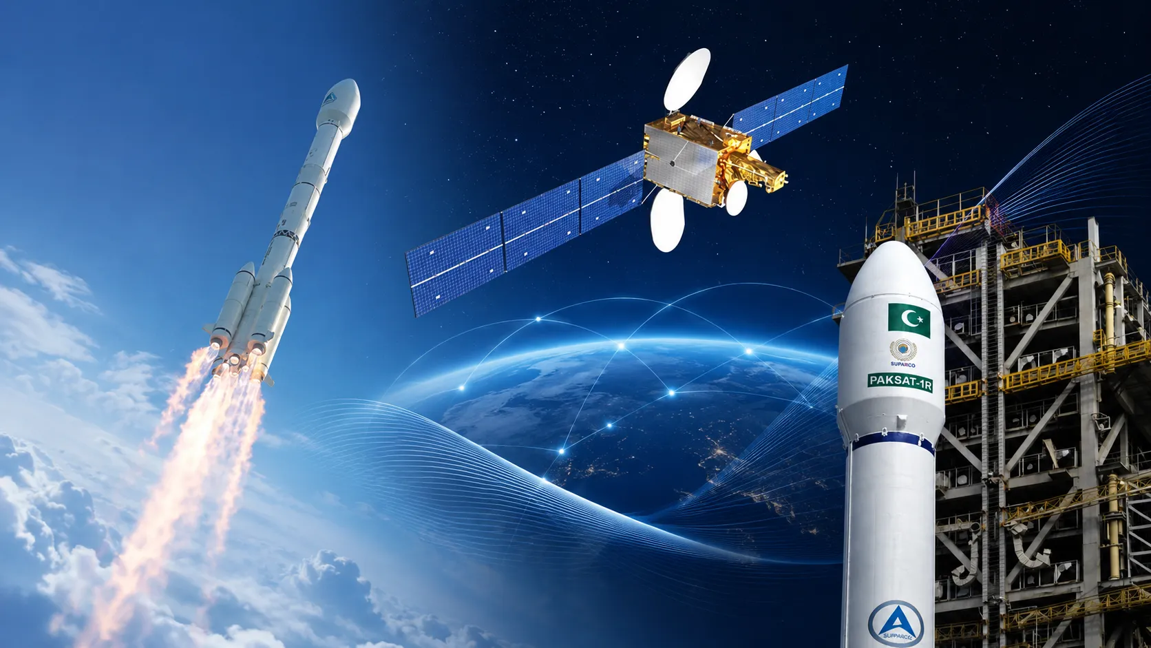 Sovereign satellite program showing rocket launch, satellite in orbit, and ground station dish