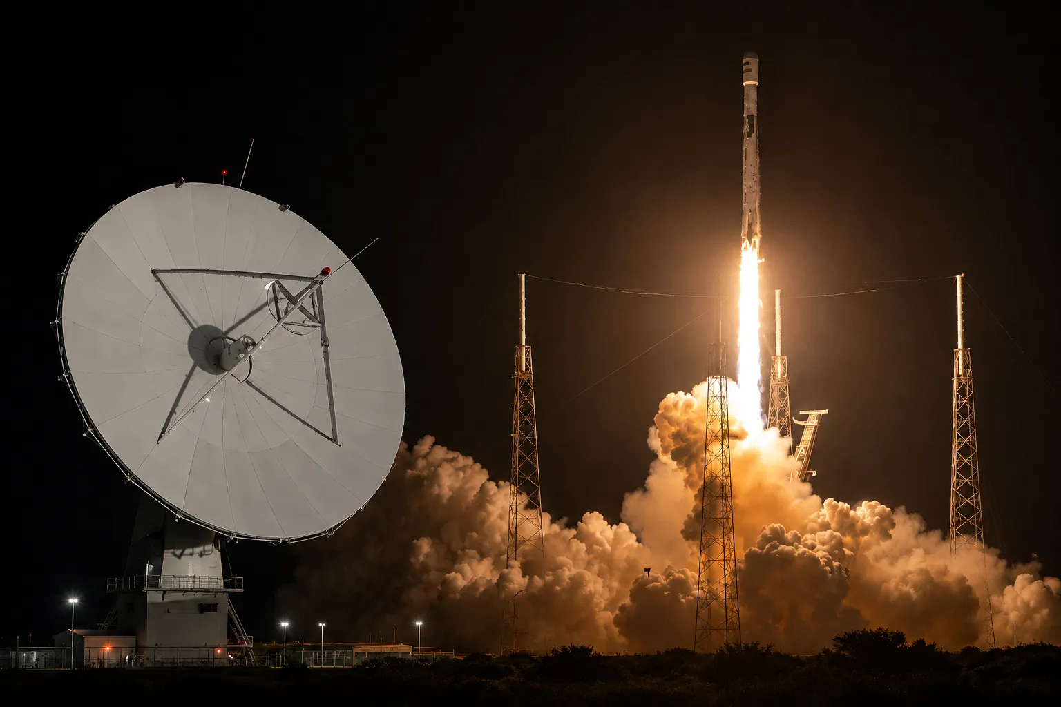 Satellite dish and rocket launch at night, representing national satellite operations