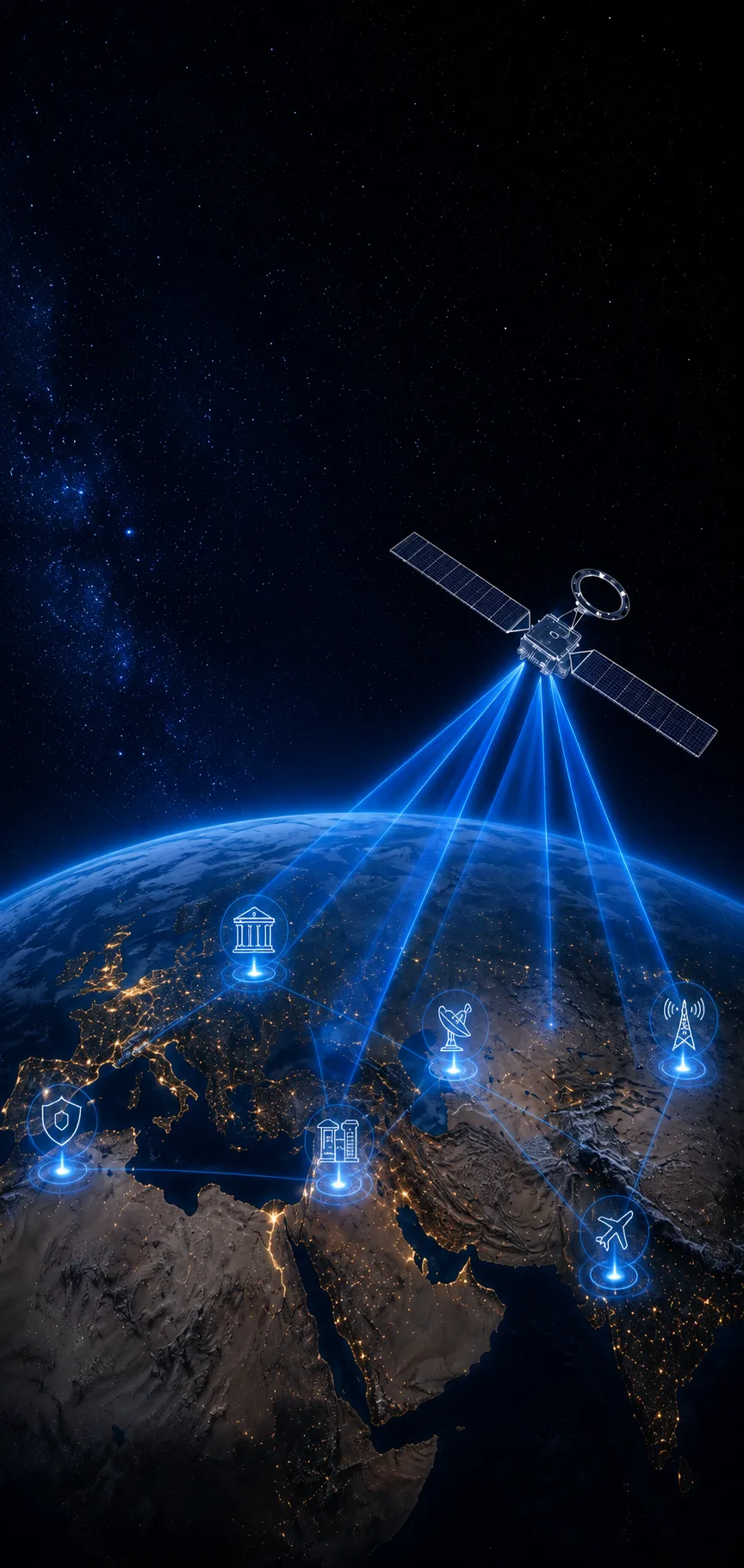 Satellite in orbit beaming blue connectivity beams down to Earth at night