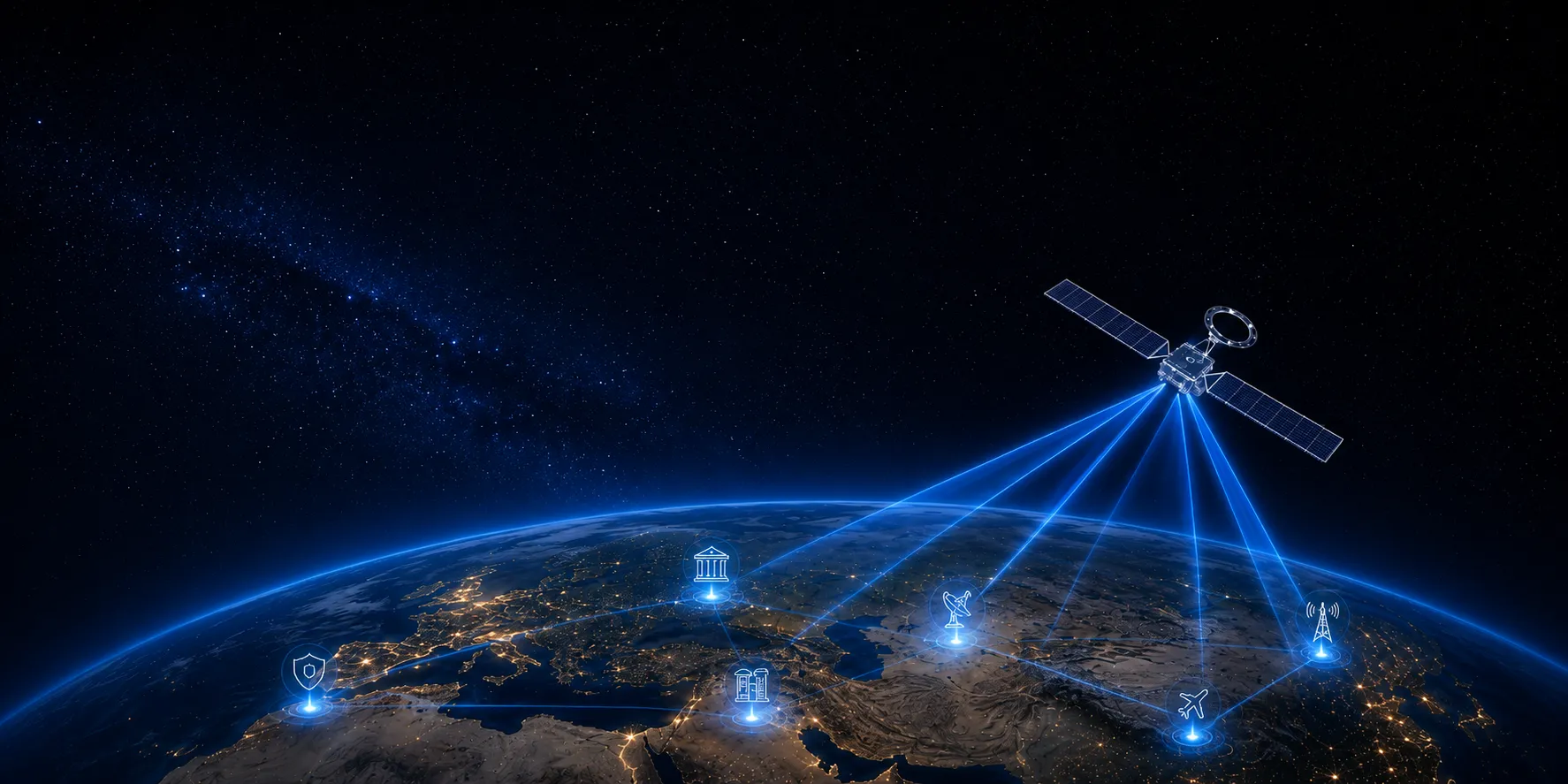 Satellite in orbit beaming blue connectivity beams down to Earth, with glowing icons representing industries served across Europe at night