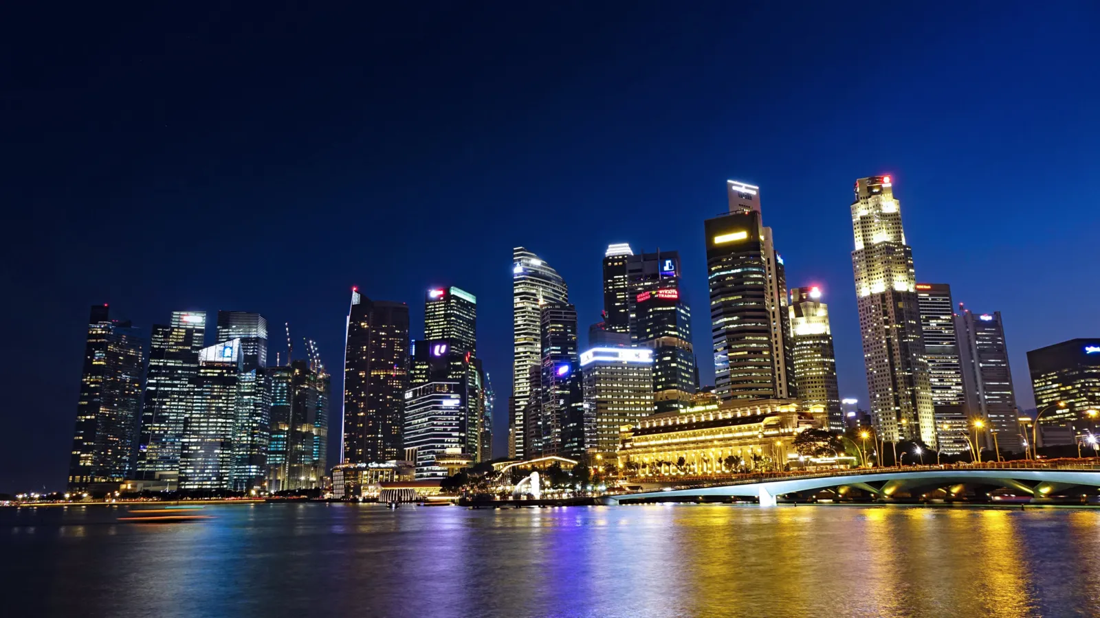 Singapore skyline and Marina Bay at dusk, home to Nuada's satellite communications headquarters